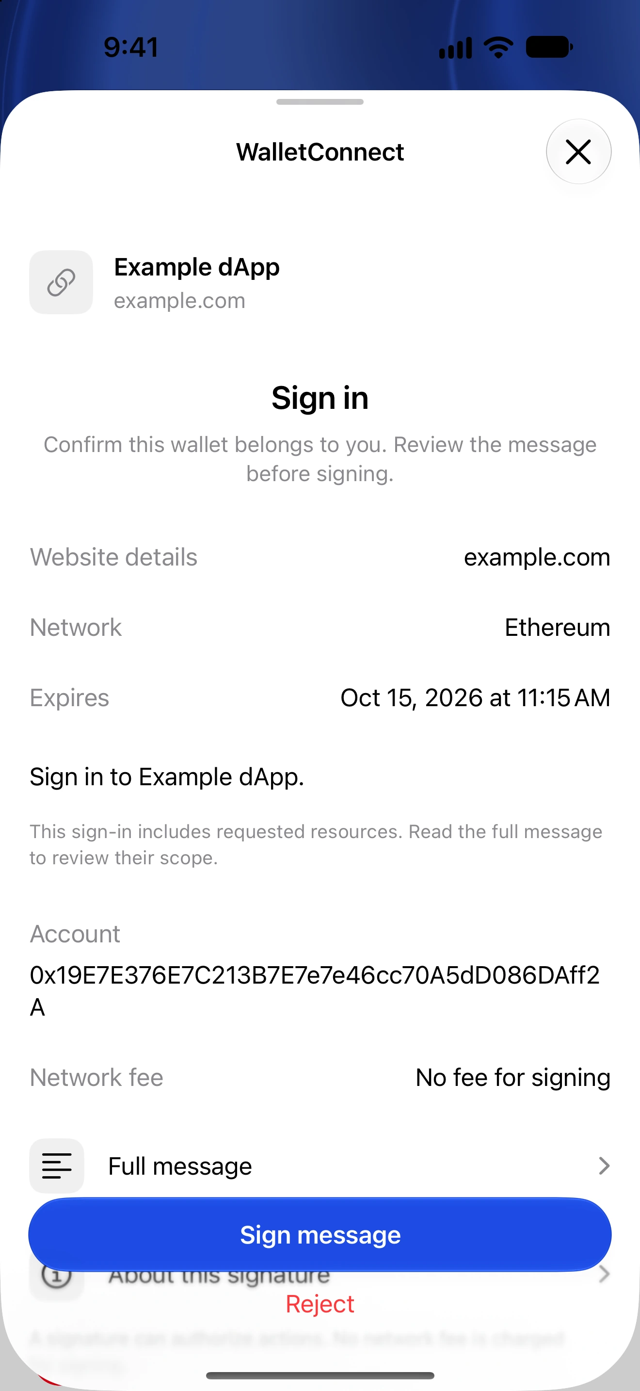 Readable dApp sign-in message
