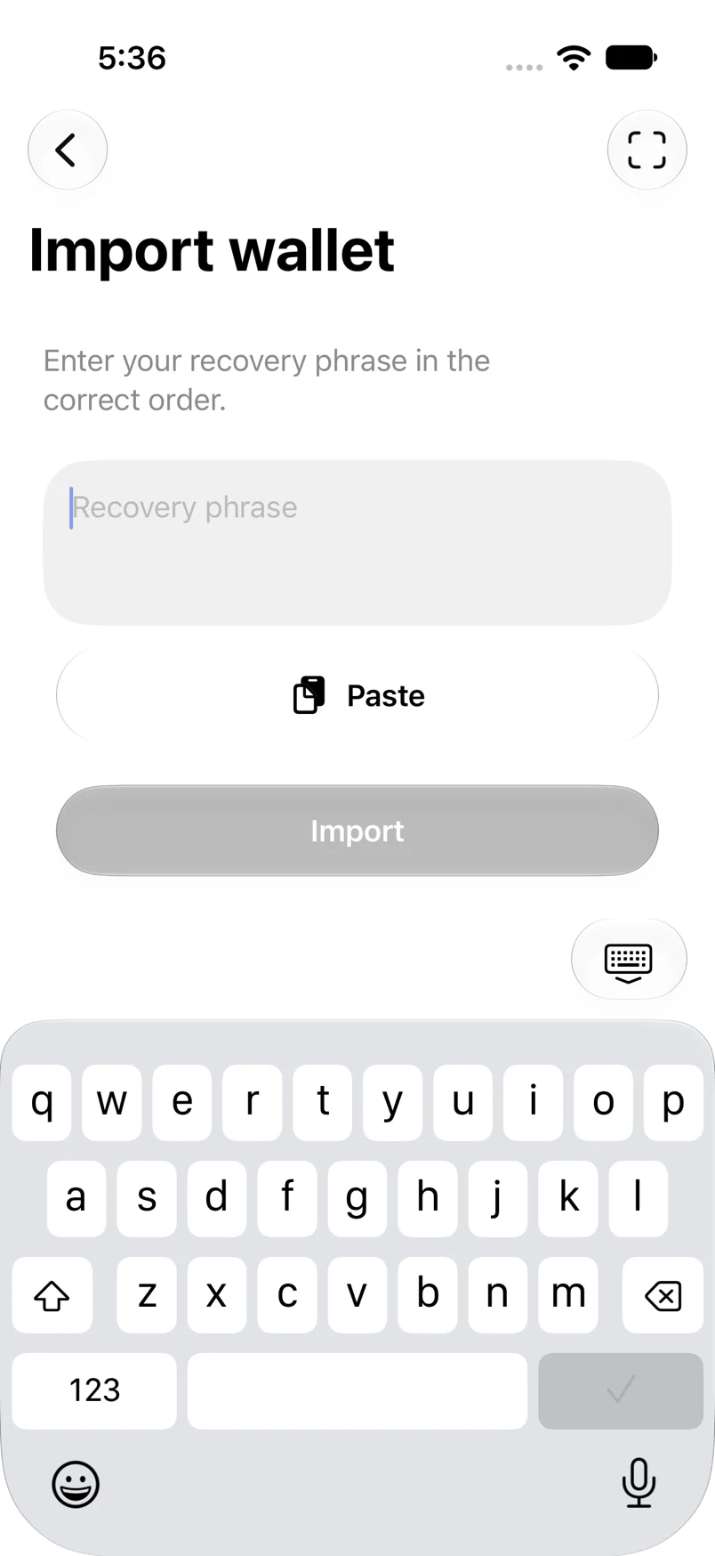 Import a recovery phrase in the current Oath app